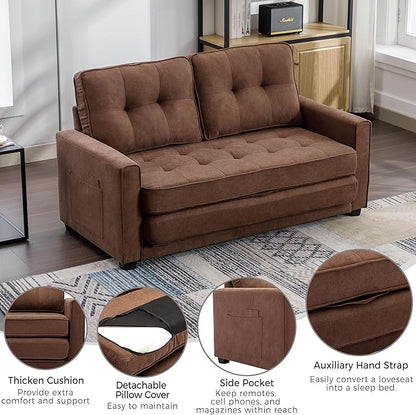 Modern Upholstered Futon Loveseat Convertible Sleeper Sofa Bed 3 in 1 Sofabed Lounge Chaise Daybed, Brown