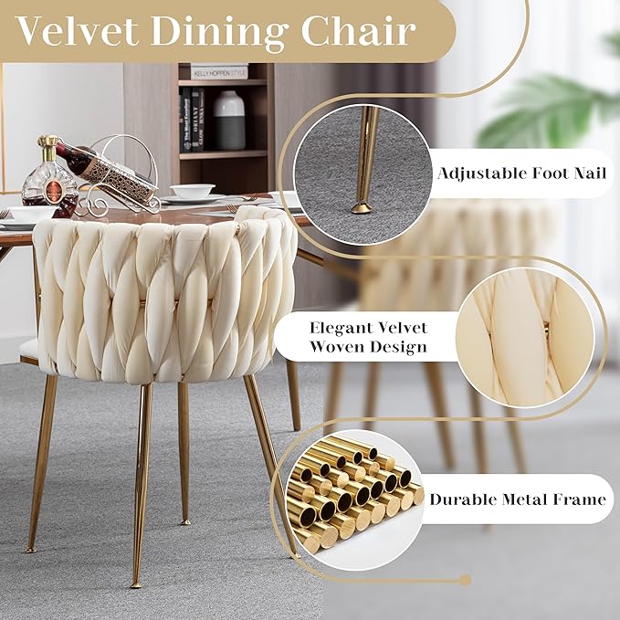 Modern Round Glass Dining Table Set for 4, 47'' Clear Circular Kitchen Table and Chairs Set, 5 PCS Mid Century Modern Circle Dining Room Table Set, Beige Woven Dining Chair for Home (Golden)