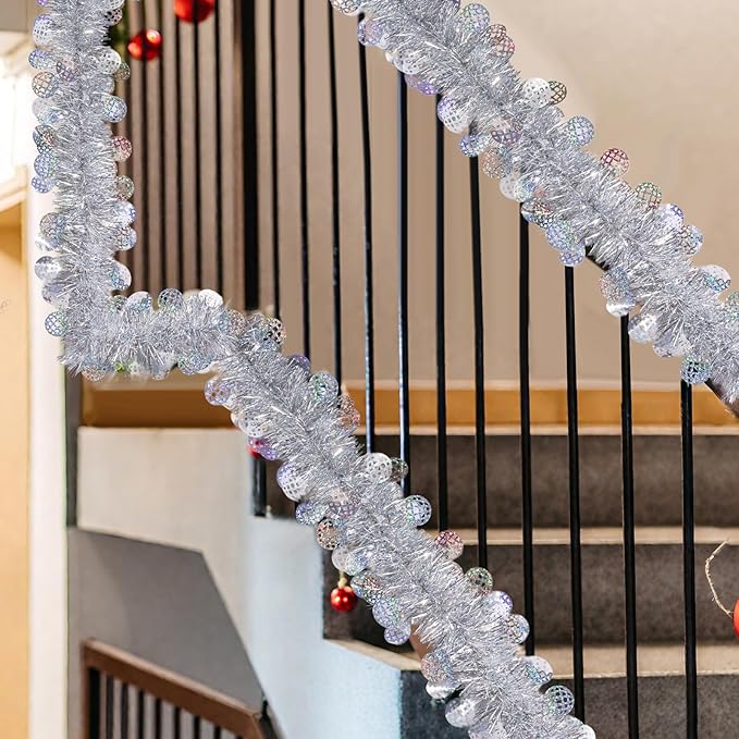 LOAVER 33 FT Christmas Silver Disco Ball Tinsel Garland,Metallic Tinsel Twist Garland Shiny Hanging Decoration for Christmas Tree Disco Party Home Supplies Staircase Railing Indoor Outdoor Decor