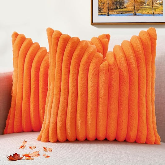 decorUhome Faux Fur Fall Throw Pillow Covers 24x24 Set of 2, Decorative Soft Plush Striped Neutral Euro Pillow Covers with Velvet Back for Bed, Living Room Home Decor, Orange
