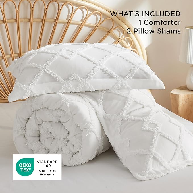 Bedsure Boho Comforter Set King - White Tufted King Size Comforter, 3 Pieces Farmhouse Shabby Chic Embroidery Bed Set, Soft Fluffy Geometric Pattern Bedding for All Seasons