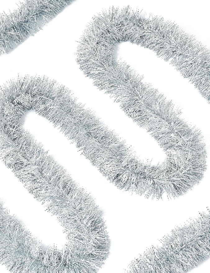 Lush Christmas Tinsel Garland, Silver & White Radiant Metallic Twist Streamers for Holiday Decor, Plush & Full Xmas Tree Garland for an Elegant Festive Atmosphere, Indoor & Outdoor Party Supplies