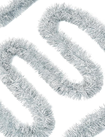 Lush Christmas Tinsel Garland, Silver & White Radiant Metallic Twist Streamers for Holiday Decor, Plush & Full Xmas Tree Garland for an Elegant Festive Atmosphere, Indoor & Outdoor Party Supplies