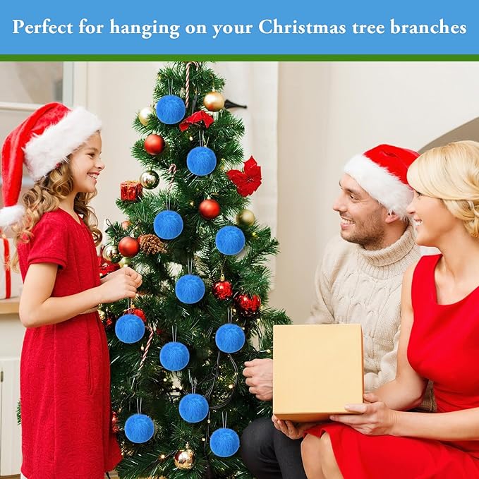 12Pcs Furry Christmas Ball Ornament for Xmas Tree Blue Soft Faux Fur Pom Pom Ball Ornaments Christmas Tree Hanging Decorations for Winter Party Home Decor Costume Supplies