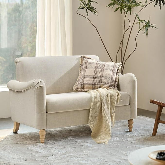 EcoHarbor Living 50.5" Mid-Century Modern Couch, Upholstered Sofa with Armrests, Stripe Mini Couches for Small Spaces, Living Room, Bedroom, Office, Apartment, Linen