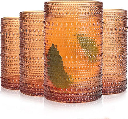 Tarracotta Hobnail Glasses Drinking Set of 4, 12 oz Cocktail Glasses, Tarracotta Vintage Glassware for Beer, Cocktail, Soda, Juice, Coffee and Various Mixed Drinks