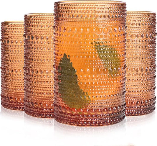Tarracotta Hobnail Glasses Drinking Set of 4, 12 oz Cocktail Glasses, Tarracotta Vintage Glassware for Beer, Cocktail, Soda, Juice, Coffee and Various Mixed Drinks