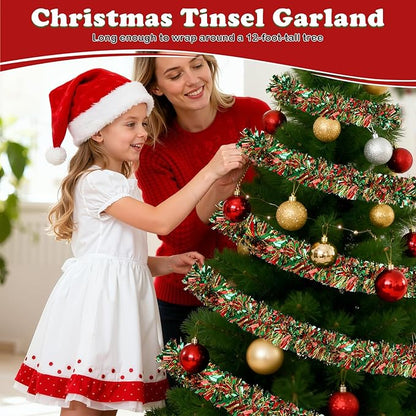 50FT Christmas Tinsel Garland, Red Green&Gold Metallic Twist Shiny Hanging Garland Ornaments for Christmas Tree, Party Supplies Thick Metallic Xmas Streamers