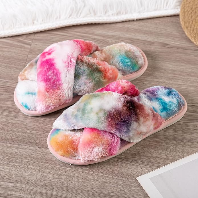 Women's Slipper Memory Foam Cross Band Fuzzy Slippers Open Toe Cozy House Slippers Cozy Plush Bedroom Indoor Outdoor