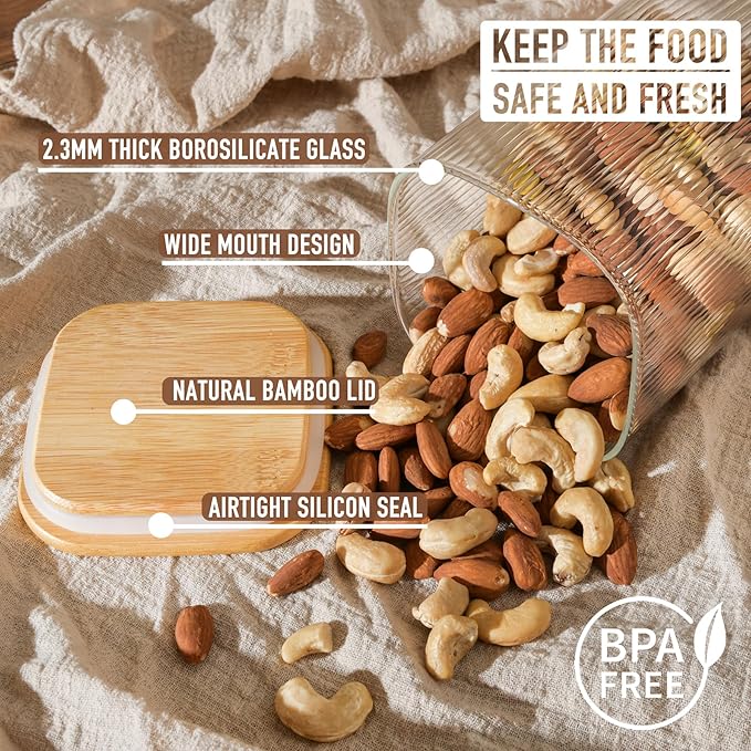 37oz Airtight Glass Square Storage Canisters with Bamboo Lids Set of 6 (1100ml) Striped Stackable Containers, Kitchen Jars for Pantry Noodles, Flour and Coffee beans (‎with Black Lable)