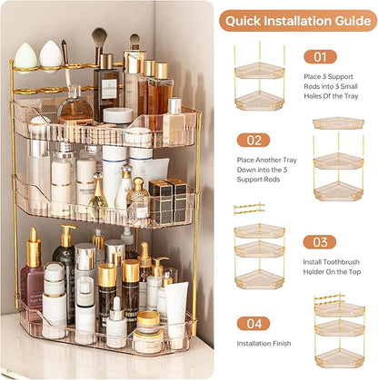 Corner Bathroom Counter Organizer with Makeup Brush Holder & Toothbrush Holders, Makeup Organizer for Vanity Countertop, Acrylic Skincare Storage Shelf (Amber, 3-Tier)