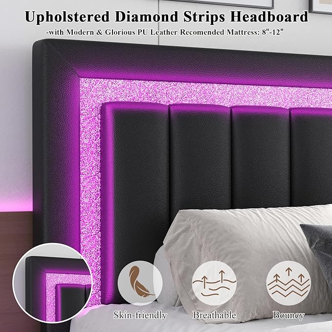 HOMBCK Floating Bed Frame Full with Smart LED Lights, Faux Leather Upholstered Bed Frame Full with Diamond Headboard, No Box Spring Needed, Noise Free, Easy Assembly, Black