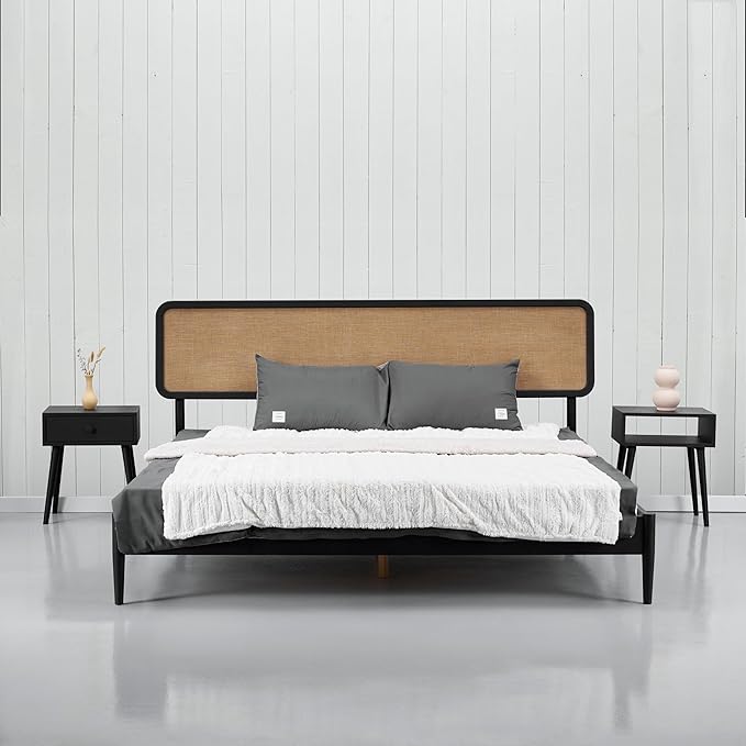 NTC Lupin Wooden Bed Frame with Headboard, Solid Oak and Rubber Wood Foundation with Silent Slats and Wood Central Supports, 1000 Lb Capacity, Effortless Assembly, Queen - Burnt Black