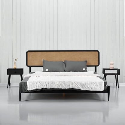 NTC Lupin Wooden Bed Frame with Headboard, Solid Oak and Rubber Wood Foundation with Silent Slats and Wood Central Supports, 1000 Lb Capacity, Effortless Assembly, King - Burnt Black