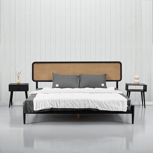 NTC Lupin Wooden Bed Frame with Headboard, Solid Oak and Rubber Wood Foundation with Silent Slats and Wood Central Supports, 1000 Lb Capacity, Effortless Assembly, King - Burnt Black