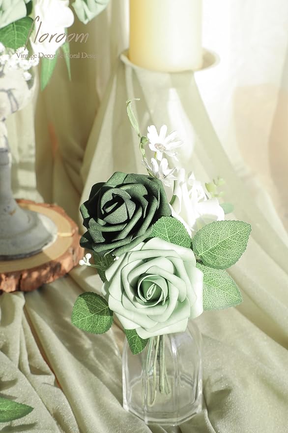 Floroom Artificial Flowers 25pcs Real Looking Sage Green & Emerald Green Foam Fake Roses with Stems for DIY Wedding Bouquets Bridal Shower Centerpieces Floral Arrangements Party Tables Decorations