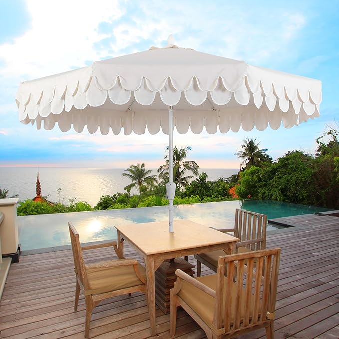 JONATHAN Y UMB1002C Tracy 9 ft. Classic MidCentury Scalloped Fringe Market Patio Umbrella with Auto-Tilt, Crank, Wind Vent and UV Protection in Cream/White