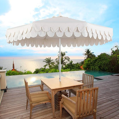 JONATHAN Y UMB1002C Tracy 9 ft. Classic MidCentury Scalloped Fringe Market Patio Umbrella with Auto-Tilt, Crank, Wind Vent and UV Protection in Cream/White