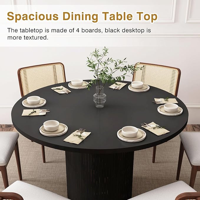 Round Dining Table for 4, Modern Farmhouse Kitchen Table, 47 Inch Small Circle Dining Tables with Wood Strip Base for Kitchen Living Room (Black)