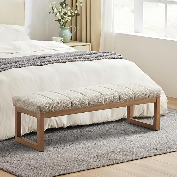 52.7" Bedroom Bench for End of Bed, Modern Upholstered Teddy Fabric Entryway Bench & Dining Bench, Footrest Stool Bench with Solid Wood Frame for Bedroom, Living Room (Camel)