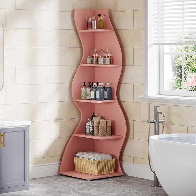 Tribesigns Wavy Corner Shelf, Modern 5-Tier Bookshelf Bookcase with Curvy Shape, Unique Plant Stand Display Rack for Living Room Small Space (Pink)