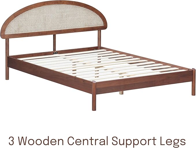 NTC Gem Wooden Bed Frame with Headboard and Natural Rattan, Solid Oak/Rubber Wood Foundation with Silent Slats, 1000 Lb Capacity, Effortless Assembly (Natural Cane - Dark Walnut, Queen)