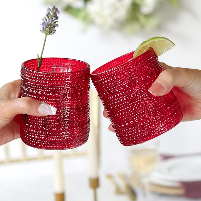Kate Aspen Red Hobnail Vintage Drinking Glasses Set of 6-10 oz Beaded Glassware for Cocktails, Tea, Water, Juice | Ribbed Retro Glass Cups for Entertaining, Gift Giving or Bar Decor