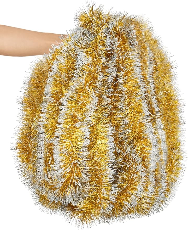Lush Christmas Tinsel Garland, Gold & White Radiant Metallic Twist Streamers for Holiday Decor, Plush & Full Xmas Tree Garland for an Elegant Festive Atmosphere, Indoor & Outdoor Party Supplies