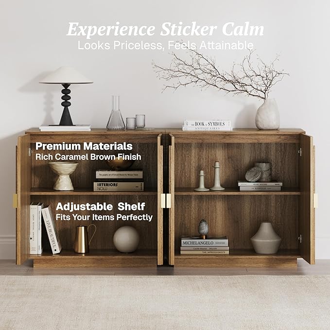 BELLEZE Modular Fluted Sideboard Buffet Cabinet with Storage, Mid-Century Modern Console Table with Symmetrical Arched Doors, Elegant Credenza for Dining Room, Kitchen, and Living Room, Caramel Brown