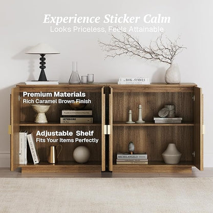 BELLEZE Modular Fluted Sideboard Buffet Cabinet with Storage, Mid-Century Modern Console Table with Symmetrical Arched Doors, Elegant Credenza for Dining Room, Kitchen, and Living Room, Caramel Brown