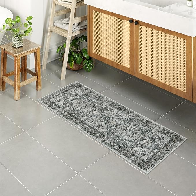 Uphome Brown Bathroom Rugs, Distressed Farmhouse Boho Bath Mat, Non Slip Washable Soft Velvet Bath Mats for Bathroom Floor, Vintage Traditonal Bath Runner for Bathtub Sink Shower, 18x47 inch