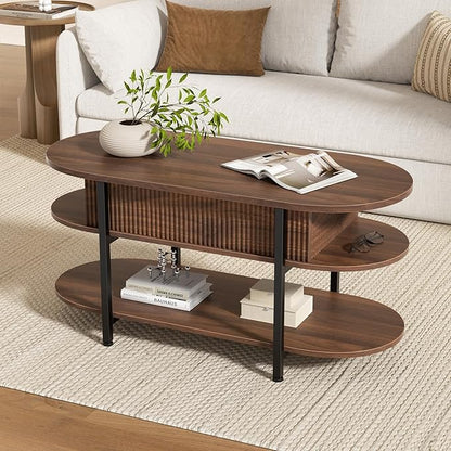 FABATO 41.7" Oval Lift Top Coffee Table, Fluted Wood Center Table with Hidden Storage, 3 Tier Oblong Tables with Curved Edge, Modern Elliptical Coffee Table for Living Room Reception Room, Walnut