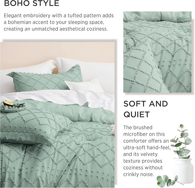 Bedsure Queen Comforter Set - Sage Green Comforter, Boho Tufted Shabby Chic Bedding for Kids, 3 Pieces Vintage Farmhouse Bed Set for All Seasons, Fluffy Soft Bedding with 2 Pillow Shams