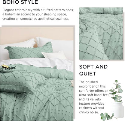 Bedsure Queen Comforter Set - Sage Green Comforter, Boho Tufted Shabby Chic Bedding for Kids, 3 Pieces Vintage Farmhouse Bed Set for All Seasons, Fluffy Soft Bedding with 2 Pillow Shams