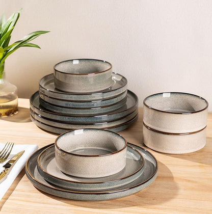 GBHOME Ceramic Dinnerware Sets for 8, 24 Pieces Stoneware Plates and Bowls Sets, Reactive Glaze Stackable Dish Set -Scratch Resistant, Dishwasher&Microwave Safe