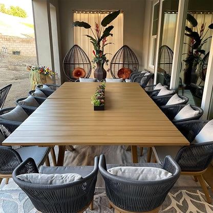 PURPLE LEAF 14 Pieces Patio Dining Table Set Wicker Outdoor Furniture Oversize Rectangular Table and Chairs Set for Garden Deck Teak-Finish Aluminum Frame Backyard Kitchen Set, Cushions and Pillows Included