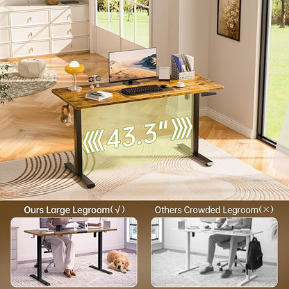 Veken 55 Inch Large Electric Standing Desk, Heights Adjustable, Sit to Stand Up, Work Home Office Computer Table for Study, Walking Pad, Writing, and Games, Wooden Desktop Desks, Brown