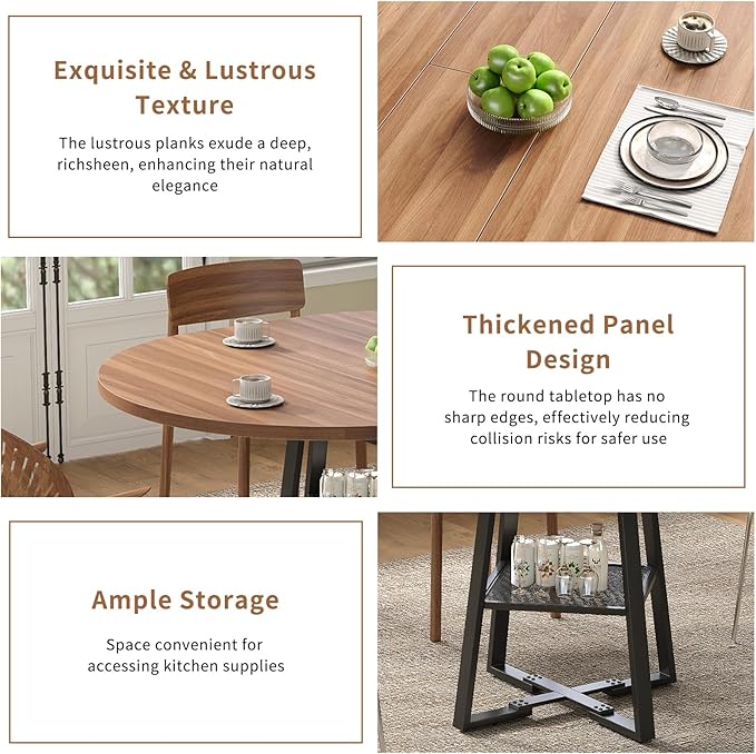 Extendable Round Dining Table for 4-8, 47 Inch Dining Room Table with Storage, Sturdy Metal Frame & Thickened Panel, Circle Dinner Tables for Dining Room, Kitchen, Living Room (Walnut)