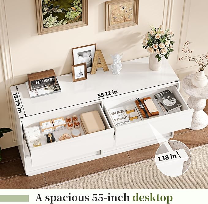 55.12" Modern Chest of Drawer, 6 Deep Drawers,Clothes Organizer,Large Storage Cabinet for Living Room, Bedroom,Dresser TV Stand, Wood Drawer Organizer for Living Room, Hallway,White
