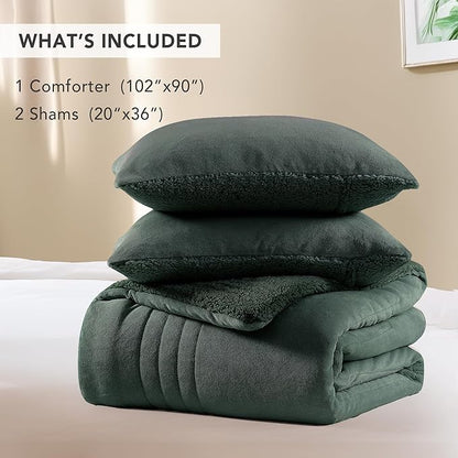 Monbix Fluffy King Size Comforter Set Deep Forest, Sherpa Plush Fuzzy Comforter 3 Piece for King Size Bed, Luxury Soft Winter Warm Bedding Set