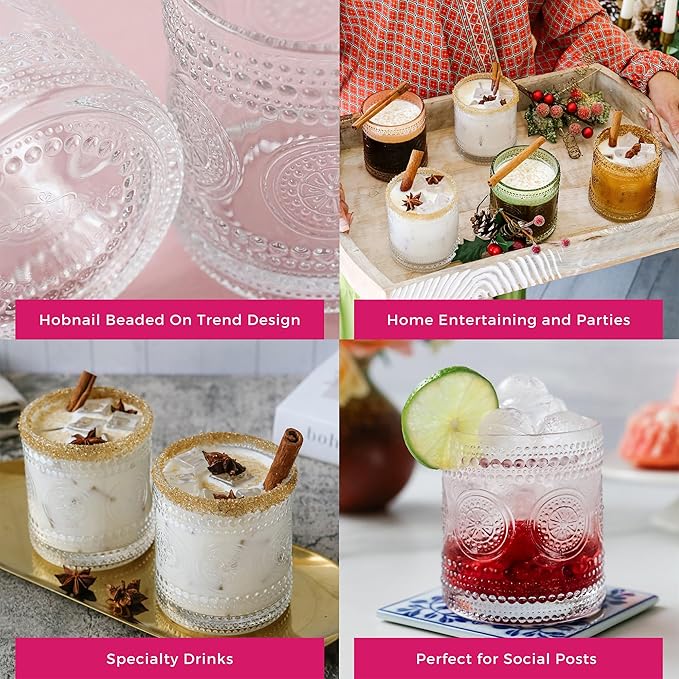 Kate Aspen Hobnail Beaded Floral Clear Drinking Glasses Set of 6, (10 oz) Vintage Glassware Set Cocktail Glass Set, Juice Glass, Water Cups | Great Hostess Gift & Gift for New Home Owners (Pack of 4)