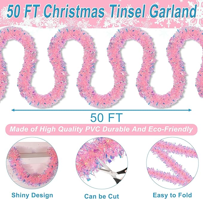 50 FT Pink Christmas Tinsel Garland Christmas Decorations for Xmas Tree Decor, Shiny Iridescent Metallic Twist Hanging Tinsel Garlands for Stairs Mantle Fireplace Home Indoor Holiday Party Supplies
