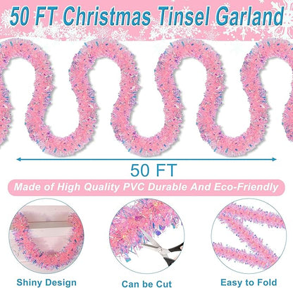 50 FT Pink Christmas Tinsel Garland Christmas Decorations for Xmas Tree Decor, Shiny Iridescent Metallic Twist Hanging Tinsel Garlands for Stairs Mantle Fireplace Home Indoor Holiday Party Supplies