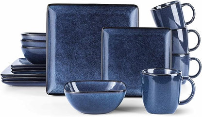 LIANYU 16 Piece Square Dinnerware Sets, Ceramic Plates and Bowls Sets for 4, Dinner Dishes for Kitchen Dining, Microwave & Dishwasher Safe, Sapphire Blue