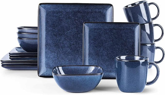 LIANYU 16 Piece Square Dinnerware Sets, Ceramic Plates and Bowls Sets for 4, Dinner Dishes for Kitchen Dining, Microwave & Dishwasher Safe, Sapphire Blue