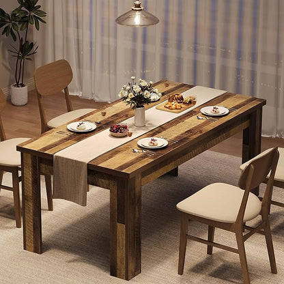 CABIHOME 63" Dining Table for 4-6, Large Farmhouse Rectangular Kitchen Dining Room Table, Wooden, Thick Frame & Sturdy Triangular Legs, Strong Wood Base for Small Space, Dinner, Kitchen, Rustic Brown