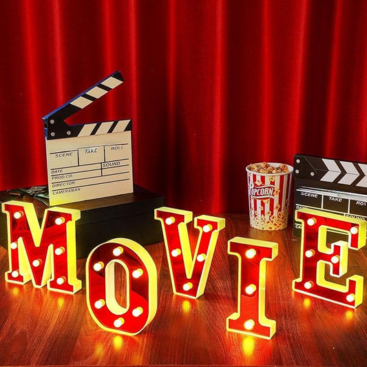 Movie Night Light up Letters Sign Party Decor Battery Powered Marquee Lighted Sign Alphabet LED Letter Lights for Xmas Movie Night Theme Party Birthday Home Tabletop Decor Supplies Xmas Gift