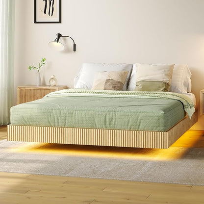 Tatub Natural Queen Floating Bed Frame with LED Lights, Modern Fluted Oak Platform Bed Frame Floating, Heavy Duty Metal Slats, No Box Spring Required