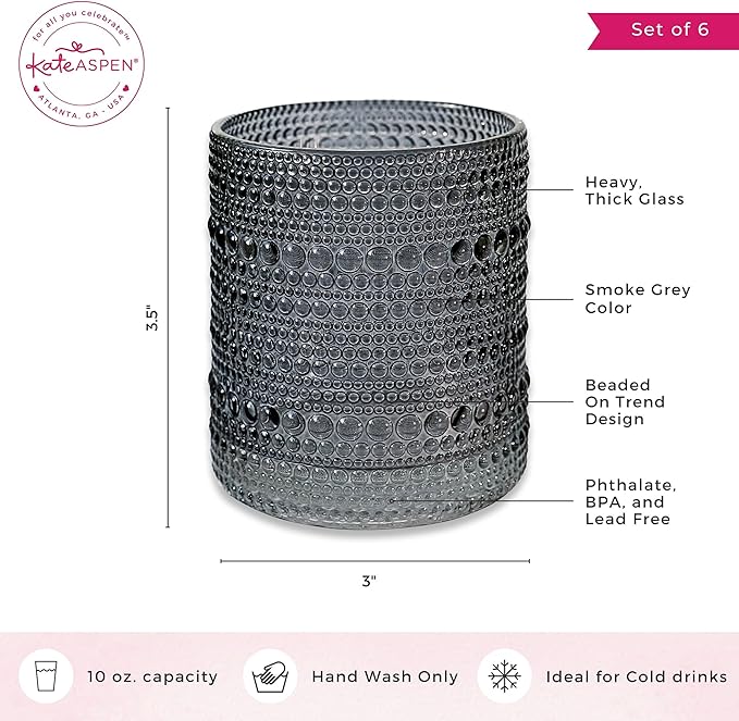 Kate Aspen Hobnail Beaded Drinking Glasses Vintage Glassware Set | Cocktail Glass Set, Juice Glass, Water Cups | Makes A Great Hostess Gift, Gift for Newlyweds (Smoke Grey)