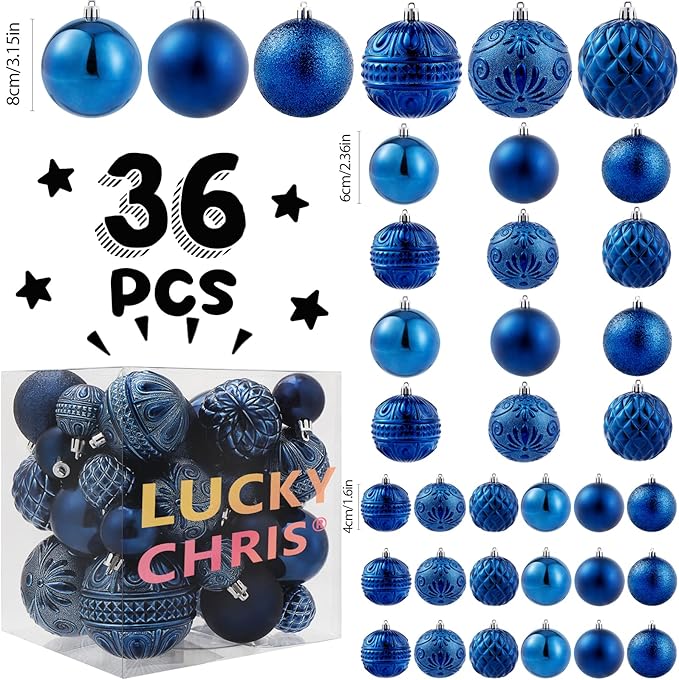 Christmas Ball Ornaments Navy Blue Christmas Tree Decorations with Hang Rope-36pcs Shatterproof Christmas Ornaments Set with 6 Styles in 3 Sizes(Small Medium Large)